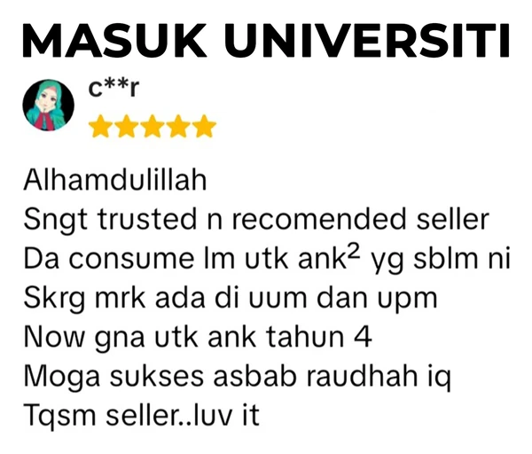 Testimoni c**r: sudah lama amalkan untuk anak-anak yang kini di UUM dan UPM; sekarang untuk anak tahun 4.